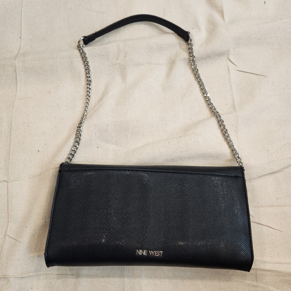 New Nine West Black Saffiano Vegan Leather Chain Strap Clutch Crossbody Bag $69